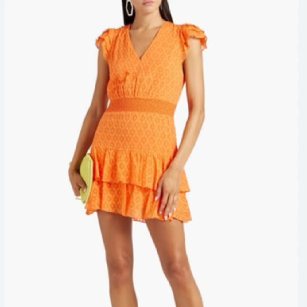 Alice & Olivia Markita Ruffled Tiered Mini Dress Orange Cap Sleeve Summer Spring